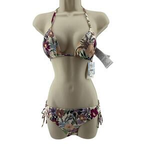 Roxy Floral Beach Classics Bikini Set Hipster Ties Bottom Tri Tie Top Womens M